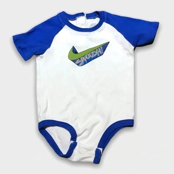 4/$20🥳 White And  Blue Nike Swoosh Print Onesie - Picture 1 of 4